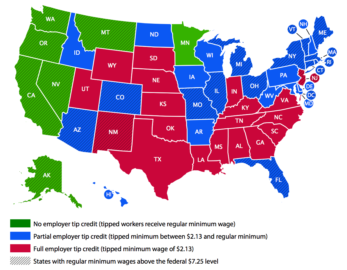 Tipped minimum wage and regular minimum wage levels, by state, 2014