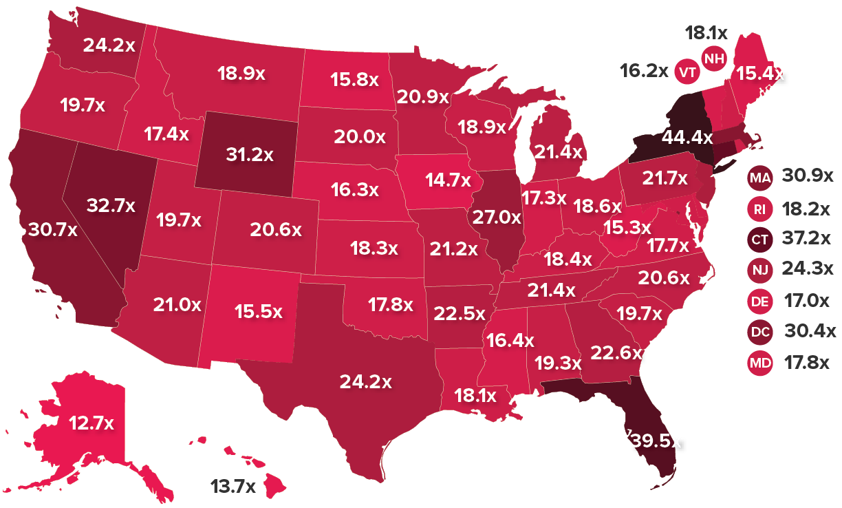 Depending on the state, the average top 1-percenter makes between 12.7 and 44.4 times more each year than the average bottom 99-percenter