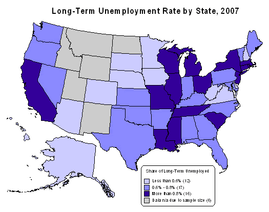 Long-term unemployment rate by state, 2007