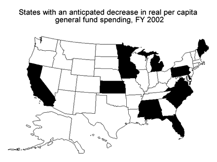 States with an anticpated decrease in real per capita general fund spending, FY 2002