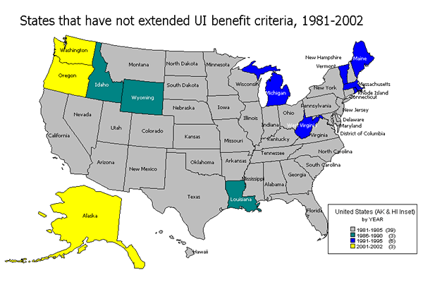 States that have not extended UI benefit criteria, 1981-2002